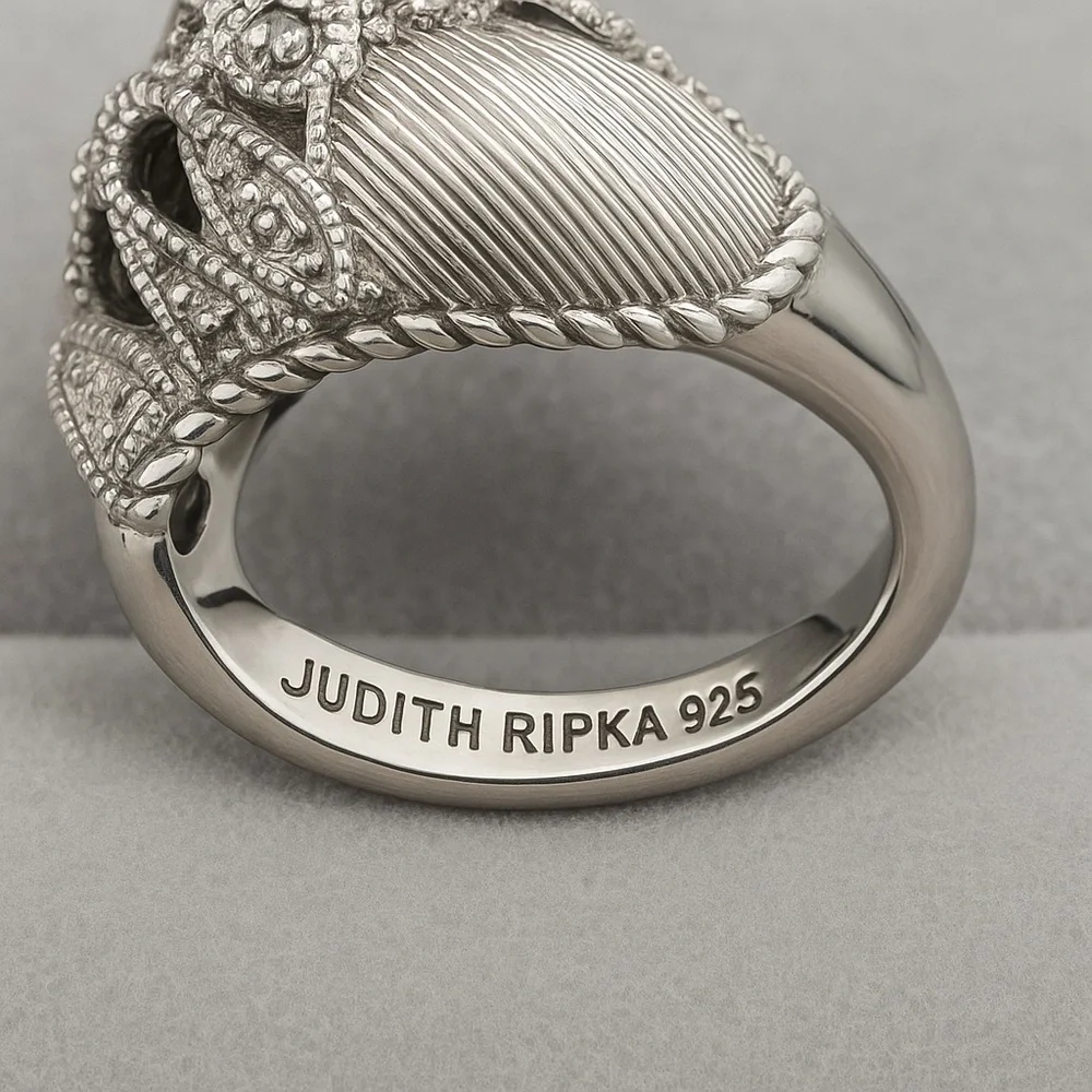 Judith Ripka London Blue Topaz Sterling Silver 925 Rope & Leaf Ring EC 8 #329 - Picture 3 of 12